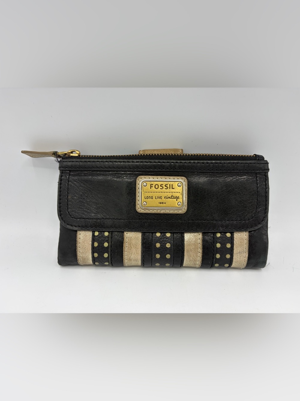 Fossil Long Live Vintage Emory Wallet Black Leather Snap Fold Zip Pocket Bifold